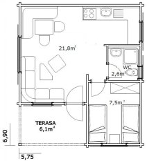 Přízemní rekreační chata Plzeň (6,9 x 5,75 m)