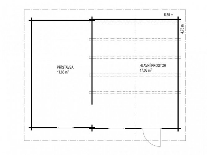 Přízemní rekreační chata Semily s přístavbou (6,35 x 4,75 m) - Tloušťka stěny: Tloušťka stěny 60 mm, Montáž: Bez montáže