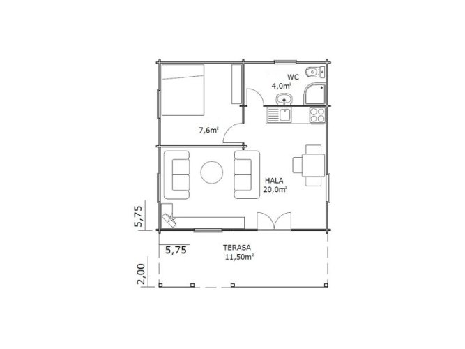 Přízemní rekreační chata Hodonín (5,75 x 7,75 m) - Tloušťka stěny: Tloušťka stěny 60 mm, Montáž: S montáží