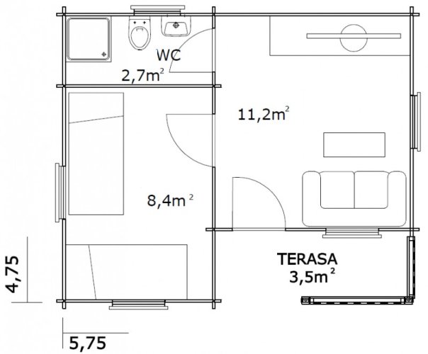 Přízemní rekreační chata Praha (4,75 x 5,75 m) - Tloušťka stěny: Tloušťka stěny 40 mm, Montáž: S montáží