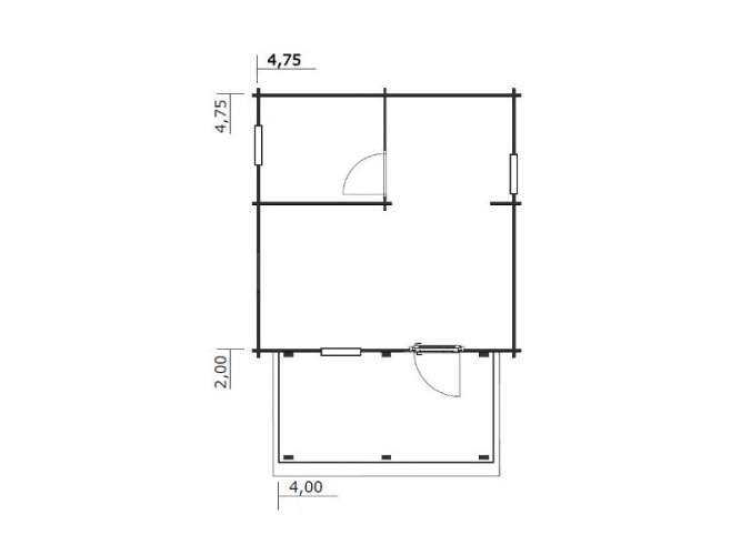 Přízemní rekreační chata Kolín 2 s terasou (4,75 x 4,75 m) - Tloušťka stěny: Tloušťka stěny 40 mm, Montáž: Bez montáže