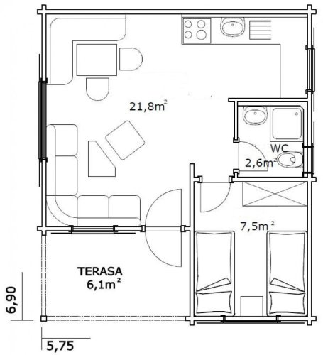 Přízemní rekreační chata Plzeň (6,9 x 5,75 m) - Tloušťka stěny: Tloušťka stěny 60 mm, Montáž: S montáží